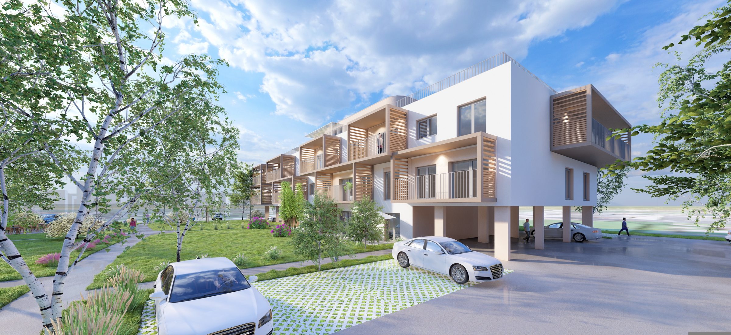 Rendering Stadtgarten Mureck — Auffahrt mit Carports