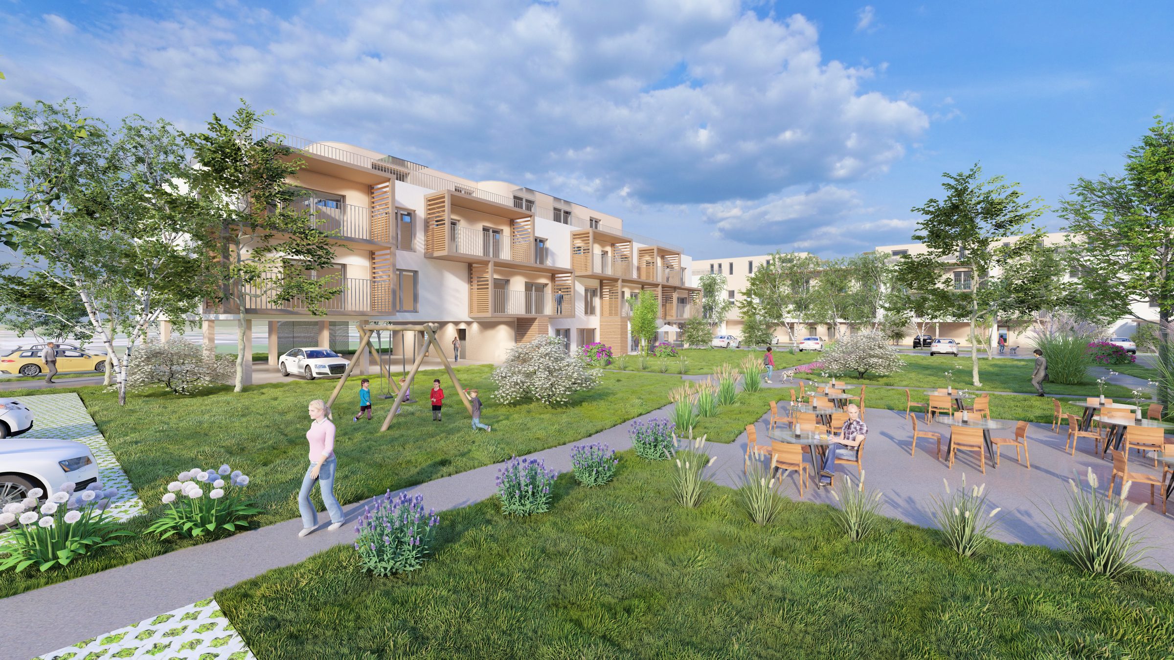 Rendering Stadtgarten Mureck — Gemeinschaftshof mit Spielplatz und Begegnungszone